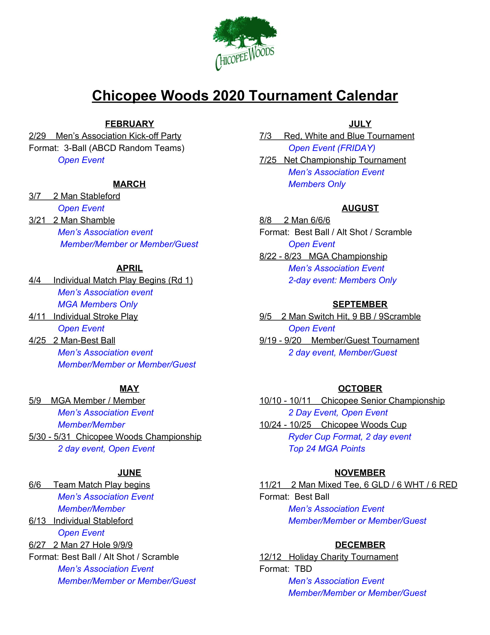 Tournament Calendar 2020 Chicopee Woods Golf Course